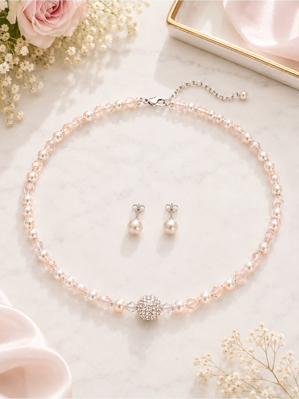 Boutique Genuine Mother of Pearl & Pink Crystal Necklace Earring Set Bridal NWT
